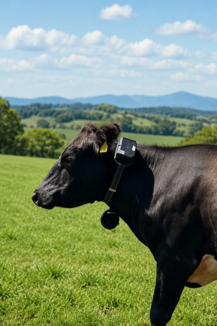 GPS-halsband från Cattlefence monterat på en ko på svensk betesmark